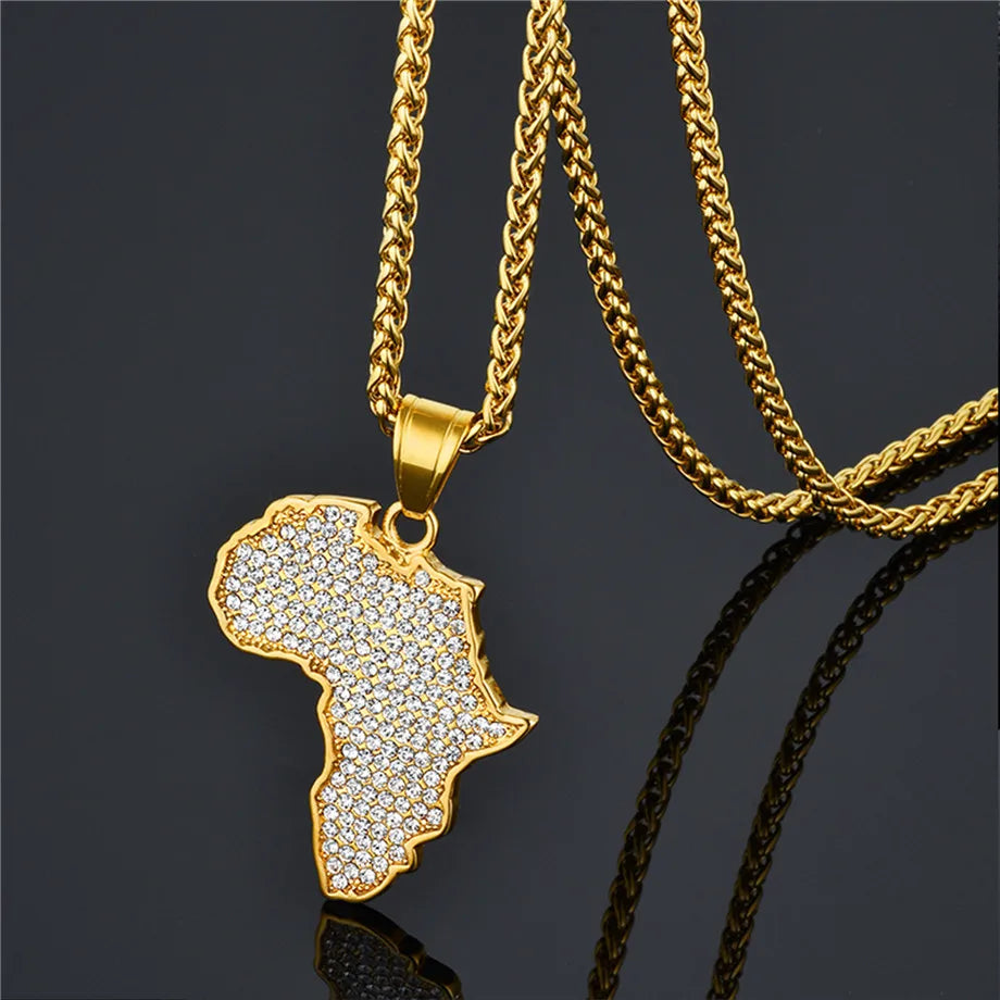 Bling African Africa Map Pendant Necklac for Men Women Stainless Steel Ethiopian Jewelry Wholesale Hiphop Item