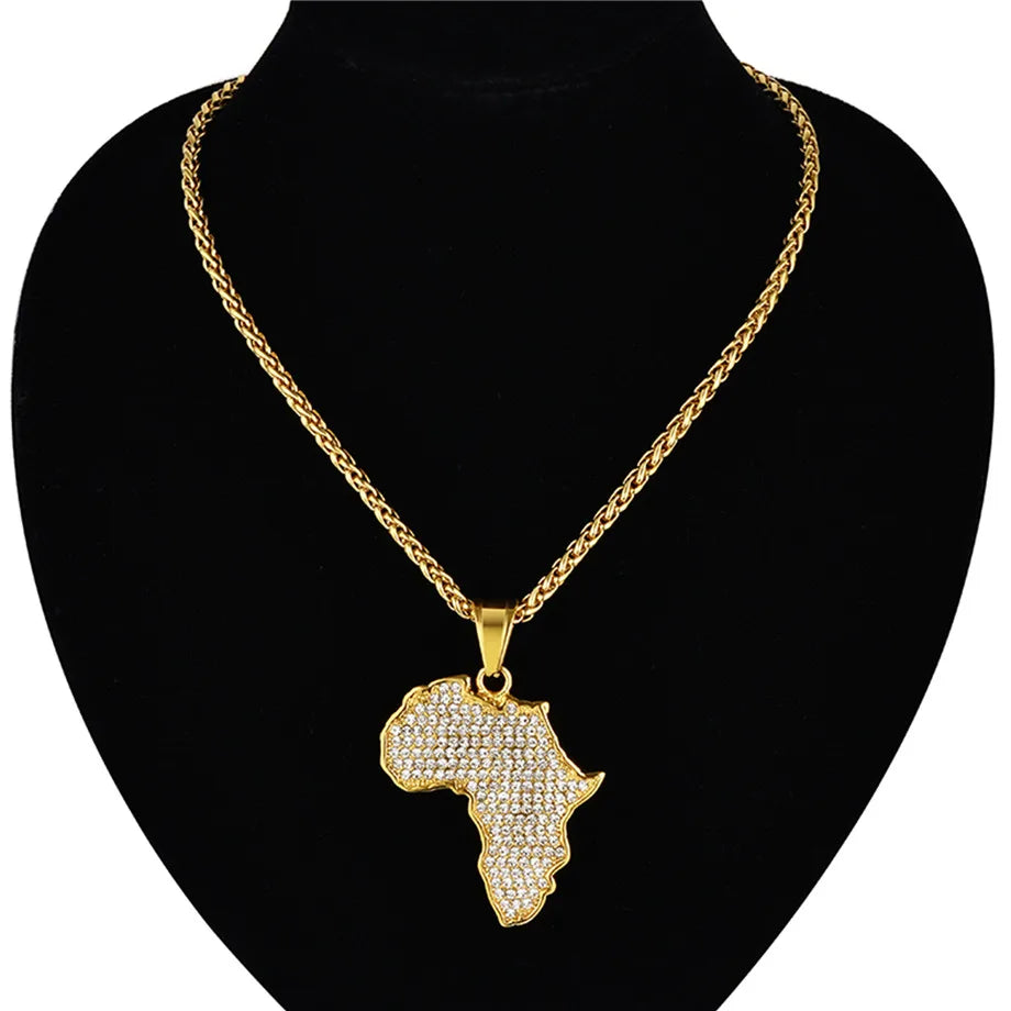 Bling African Africa Map Pendant Necklac for Men Women Stainless Steel Ethiopian Jewelry Wholesale Hiphop Item