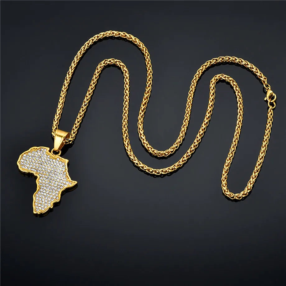 Bling African Africa Map Pendant Necklac for Men Women Stainless Steel Ethiopian Jewelry Wholesale Hiphop Item