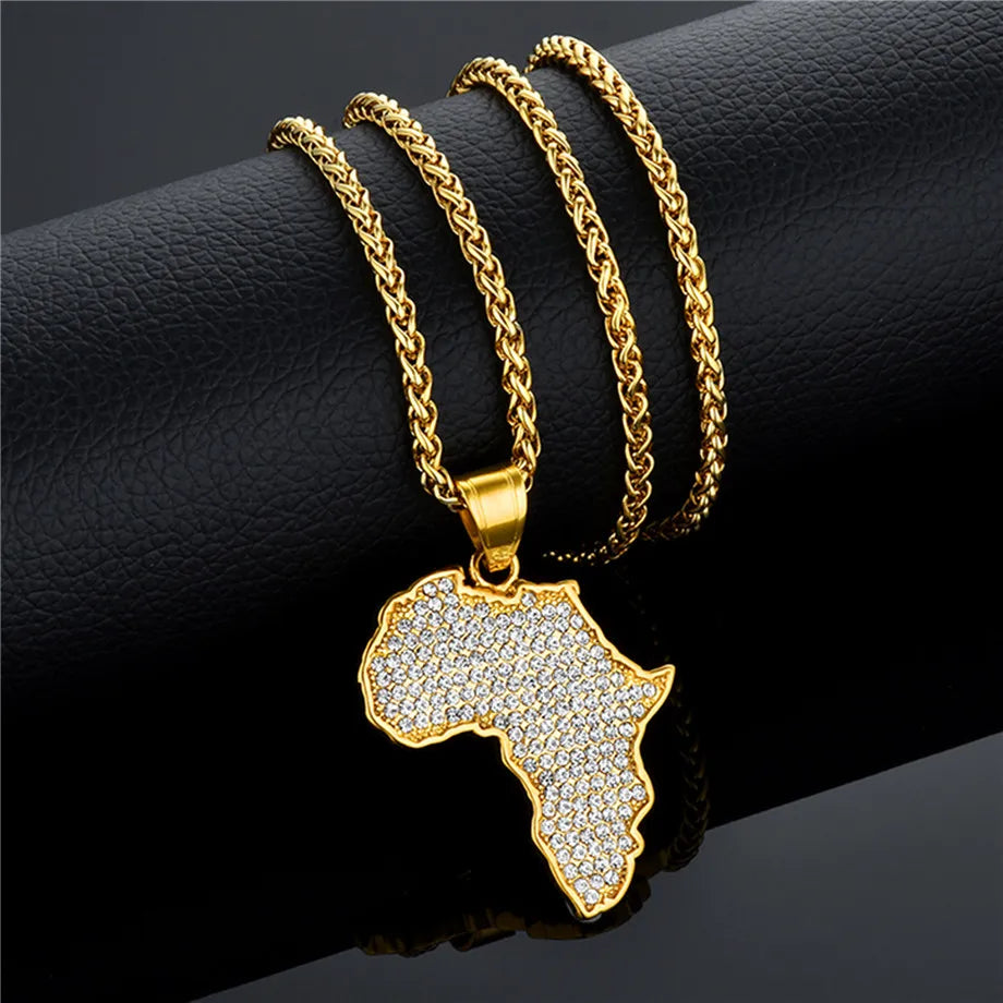 Bling African Africa Map Pendant Necklac for Men Women Stainless Steel Ethiopian Jewelry Wholesale Hiphop Item