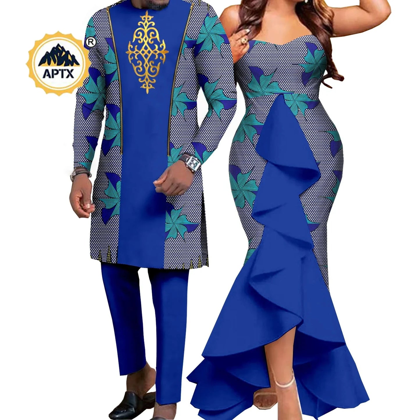 Dashiki African Women Mermaid Dresses Matching Men Outfits Pant Sets Bazin Riche African Couple Clothes for Wedding Y22C080