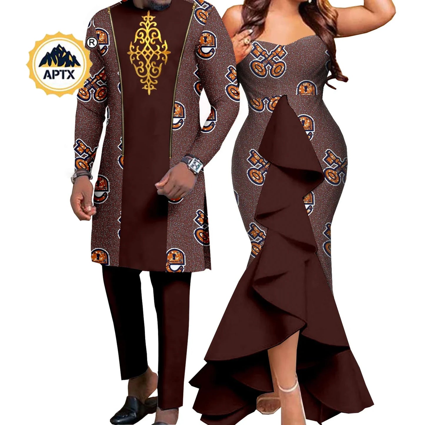 Dashiki African Women Mermaid Dresses Matching Men Outfits Pant Sets Bazin Riche African Couple Clothes for Wedding Y22C080